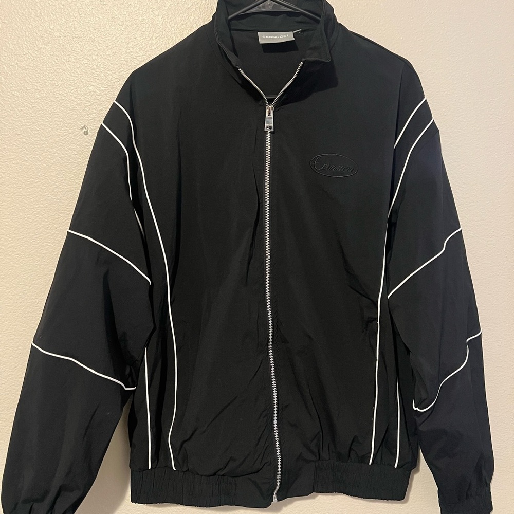 Cernucci Men’s Track Jacket Size M Black Nylon Piping Embroidered